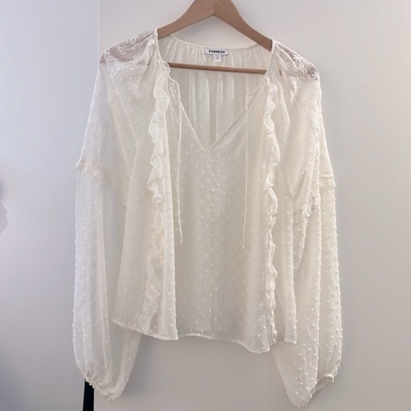 EXPRESS WHITE CHIFFON POLKA DOT LONG SLEEVE BLOUSE - Picture 1 of 2